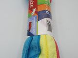 a close up of a pile of colorful towels on a white surface