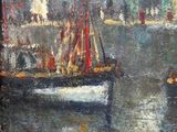 an oil painting of a boat in a harbor with a lighthouse in the background