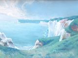 un tableau représentant une vue sur l'océan depuis une colline