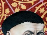 painting of a portrait of a man with a black hat and a red and yellow background