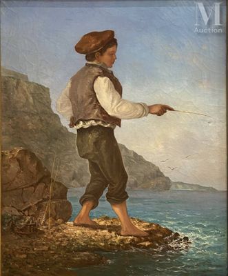 tableau représentant un garçon debout sur un rocher, en train de pêcher dans l'océan