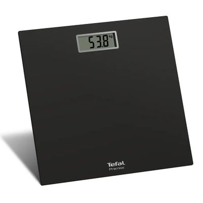 black digital bathroom scale with the time displayed on the display