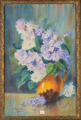 une peinture à l'huile représentant un vase contenant des lilas et des oranges posé sur une table