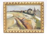 une peinture à l'huile représentant un bateau sur une plage, à côté d'une maison
