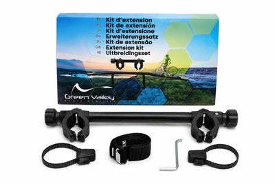 un kit de guidon de vélo noir accompagné d'une boîte d'accessoires, sur fond blanc