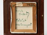 an old picture frame with writing on it and a piece of paper taped to it