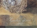 a painting of a bird ' s nest with eggs in it