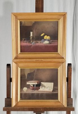 tableau représentant une nature morte avec des fruits et une bougie posée sur un chevalet