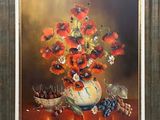 painting of flowers in a vase with fruit and nuts on a table