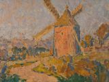 an oil painting of a windmill on a hill with trees in the background