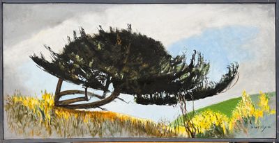 une peinture représentant un arbre dans un champ, avec le ciel en arrière-plan