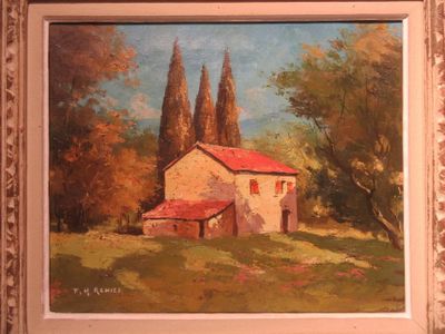 une peinture à l'huile représentant une maison dans un champ avec des arbres en arrière-plan