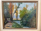 une peinture à l'huile représentant un sentier dans un parc bordé d'arbres