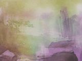 purple and green watercolor painting of a rocky beach with rocks
