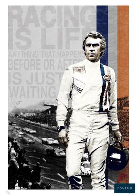a poster of a man in a racing suit