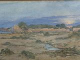 an image of a painting of a landscape with a river in the foreground