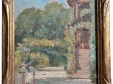 an oil painting of a woman sitting on a bench in front of a building