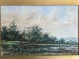 an oil painting of a lake with trees in the background