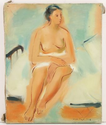 an oil painting of a woman sitting on a chair