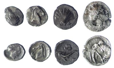 six ancient roman silver coins with faces of men and women