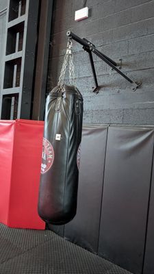 a man that is standing in a gym with a punching bag