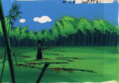 scène de dessin animé représentant une femme debout dans un champ, tenant une perche en bambou