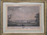 a painting of a view of a town with a river in the foreground