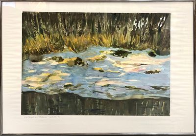 painting of a river with rocks in the water and grass in the foreground