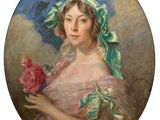 painting of a woman holding a rose in her right hand
