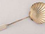a silver spoon with a leaf on it on a white surface