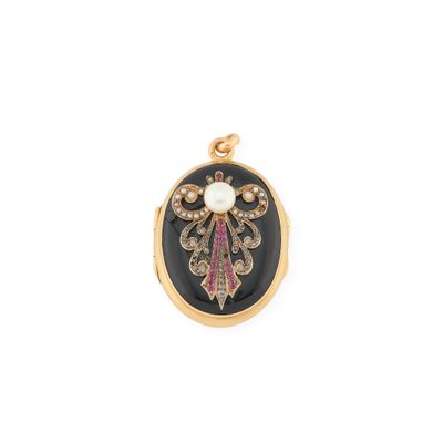 a gold and enamel locke with a pearl and garnett