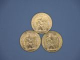 trois pièces d'or représentant une femme, sur un fond bleu