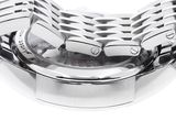 a close up of a stainless steel watch on a white background