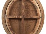 an image of a round wooden window with a map on it