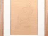 a drawing of a man sitting on a bench in a wood frame