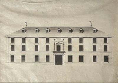 un vieux dessin d'un bâtiment surmonté d'une horloge
