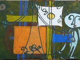 a painting of a man and a cat on a table