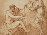 un dessin représentant deux hommes et une femme dans un paysage