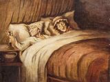 a painting of two people sleeping in a bed