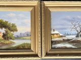 two paintings of a farm scene with a river and a house