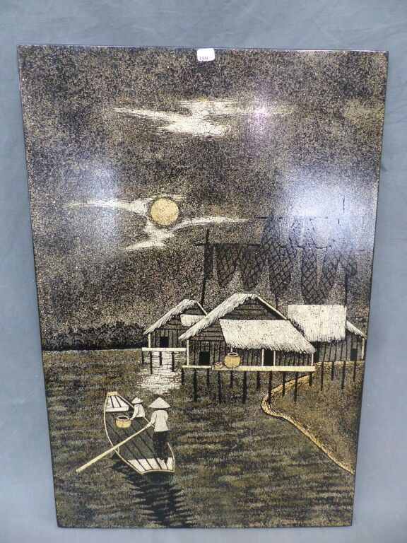 VIETNAM - Pêcheurs près de leurs paillottes au clair de lune - Laque coquille d'oeuf, 60 x 40 cm