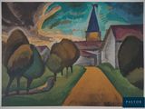 an image of a painting of a village with a church in the background