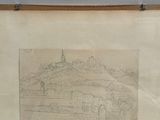 an old drawing of a castle on a hill with a sky background