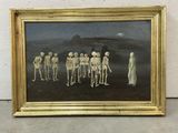 a painting of a group of skeletons standing in front of a white wall