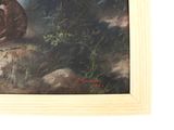 a painting of a man sitting on a rock in the woods
