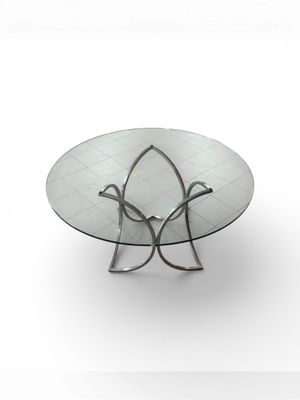 Table circulaire en verre et piètement en métal chromé. 72 x…