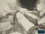 a black and white drawing of a woman sitting on a couch