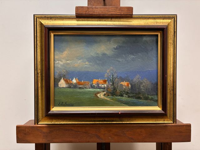 Jean Marie LABERTHONNIERE (né en 1953) : « Vue de village ». Huil...