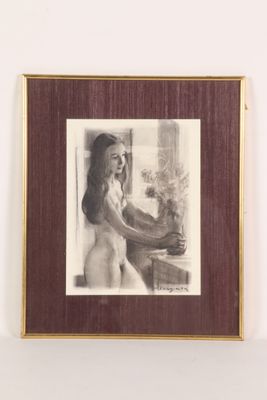 painting of a woman holding a vase of flowers in front of a window