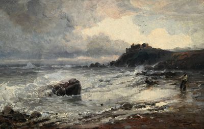 tableau représentant un homme sur une plage au bord de la mer